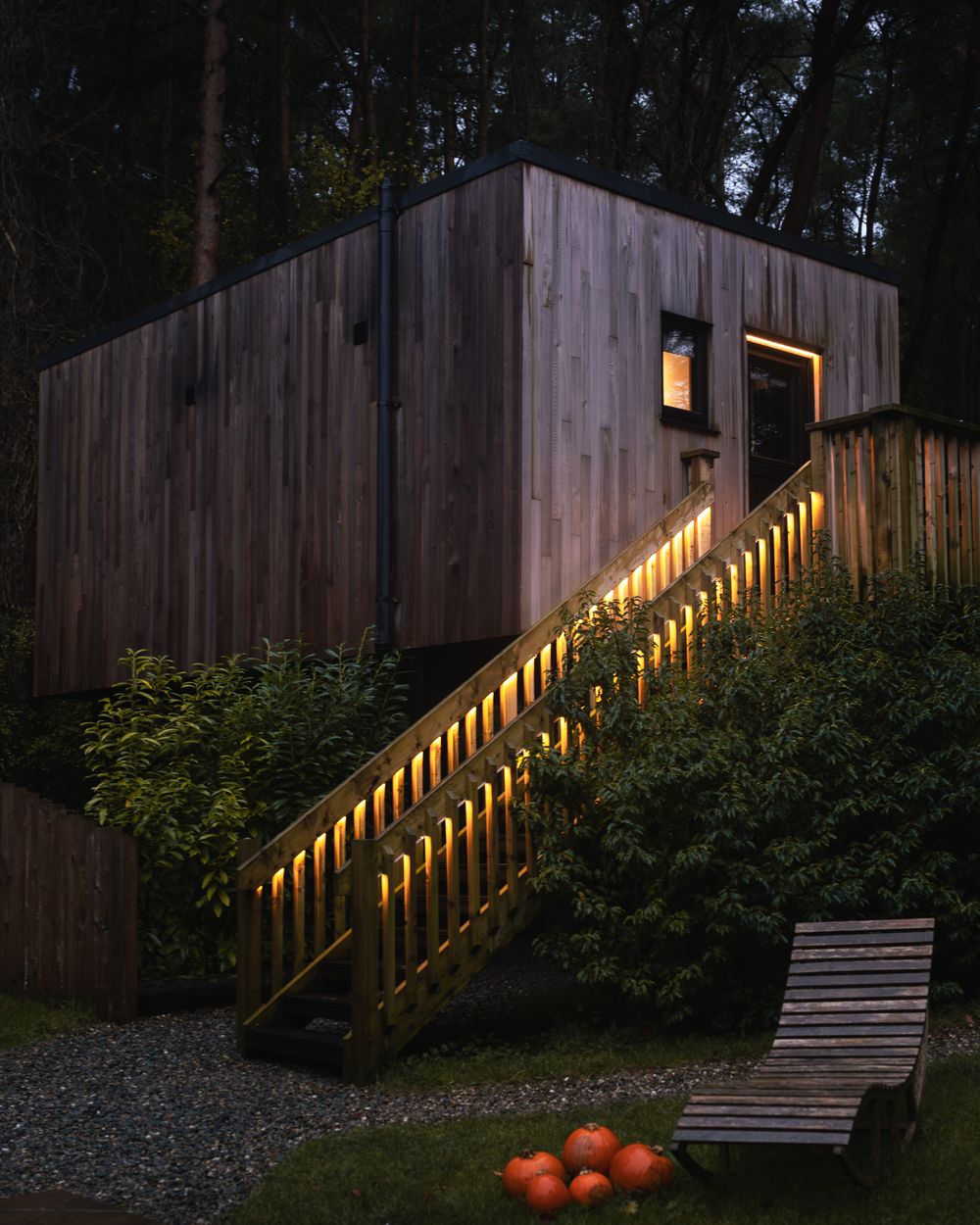Burrenmore Nest cabin glowing among autumn pines