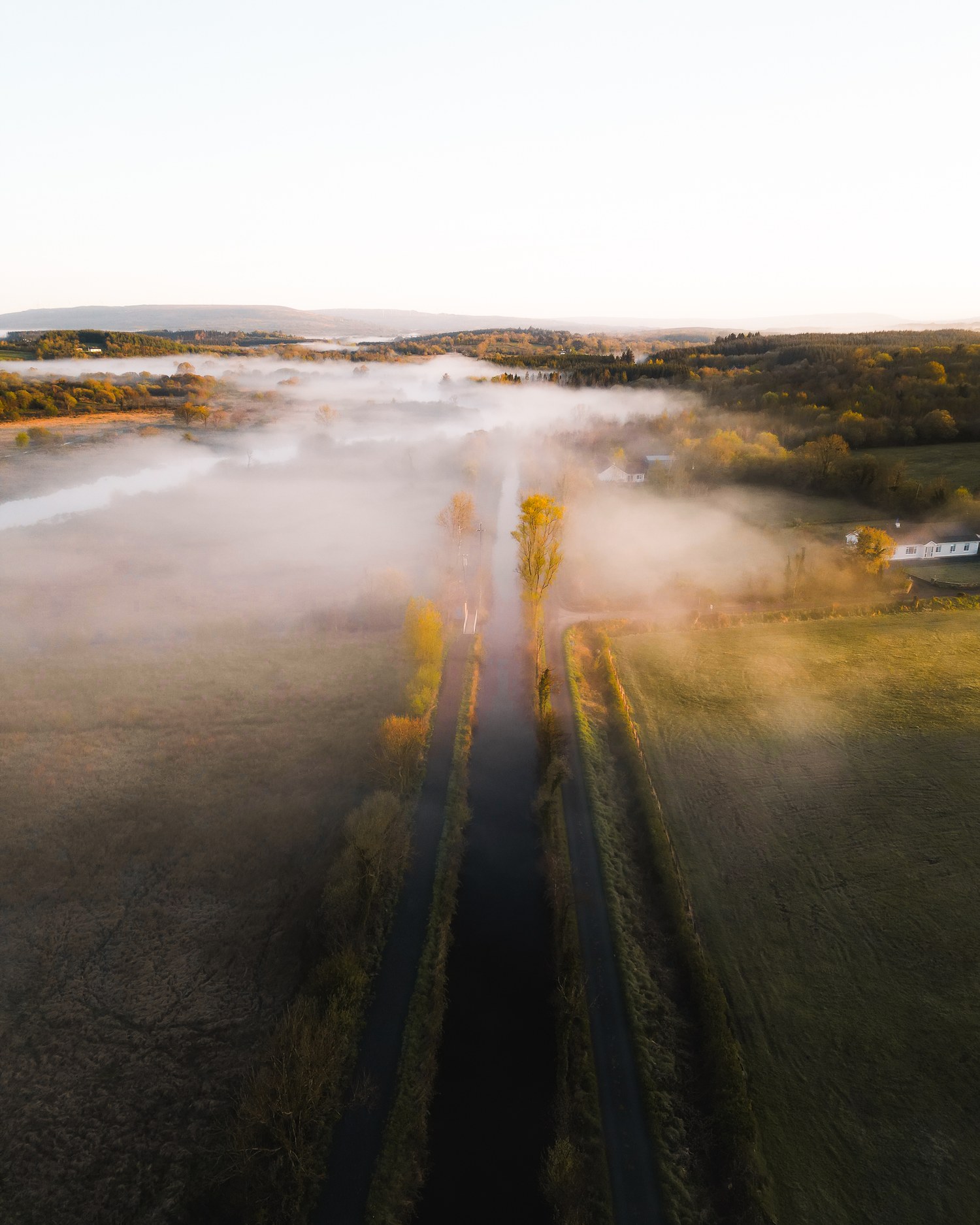 Mist rising off a paved path through farmland