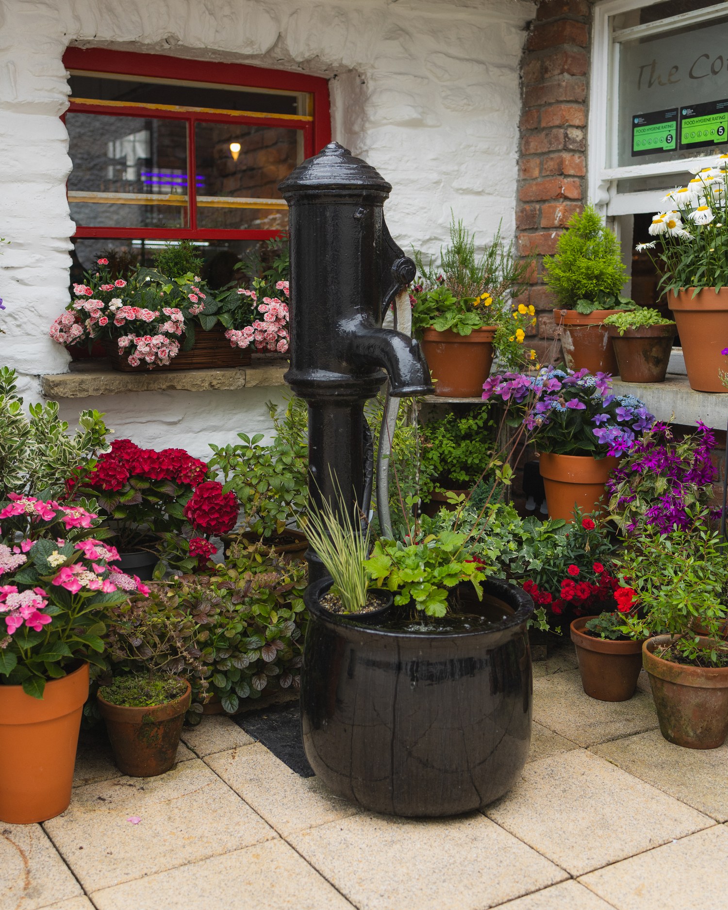 A stone water pump behind pots of flowers at a cottage