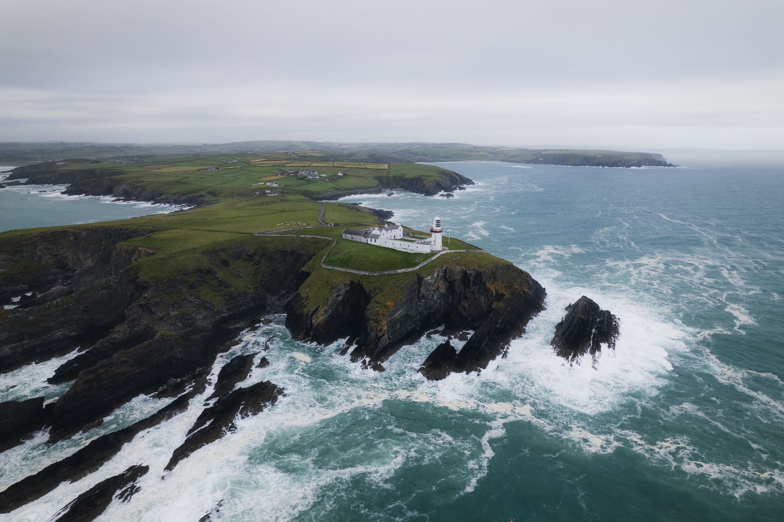 Aerial view of cliffs and Atlantic surf