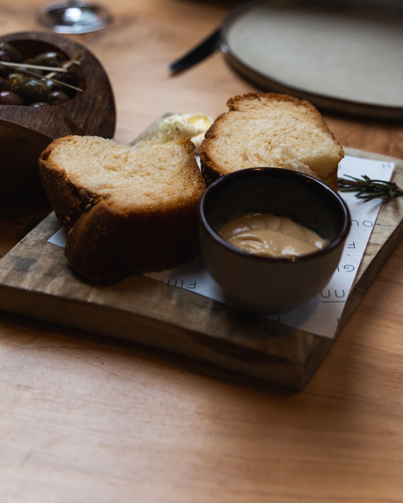 Breakfast tray with fresh bread and coffee