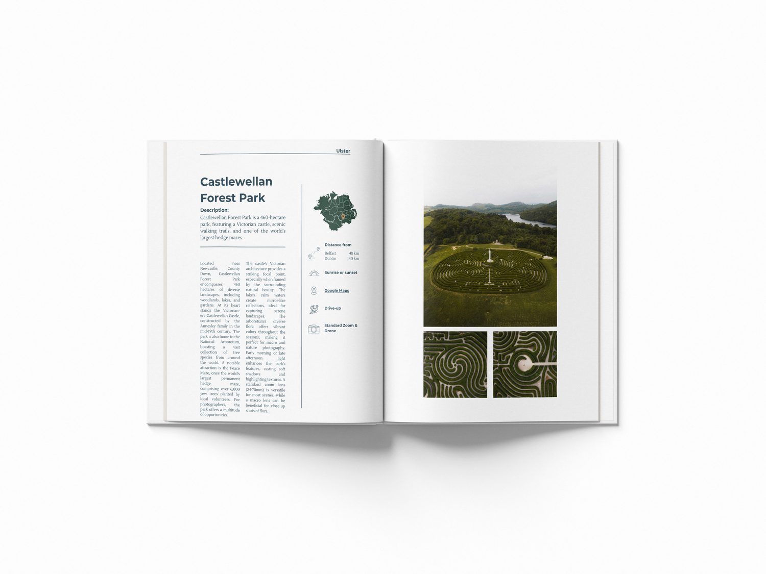 An open spread from Your Ireland Guide showing a location entry