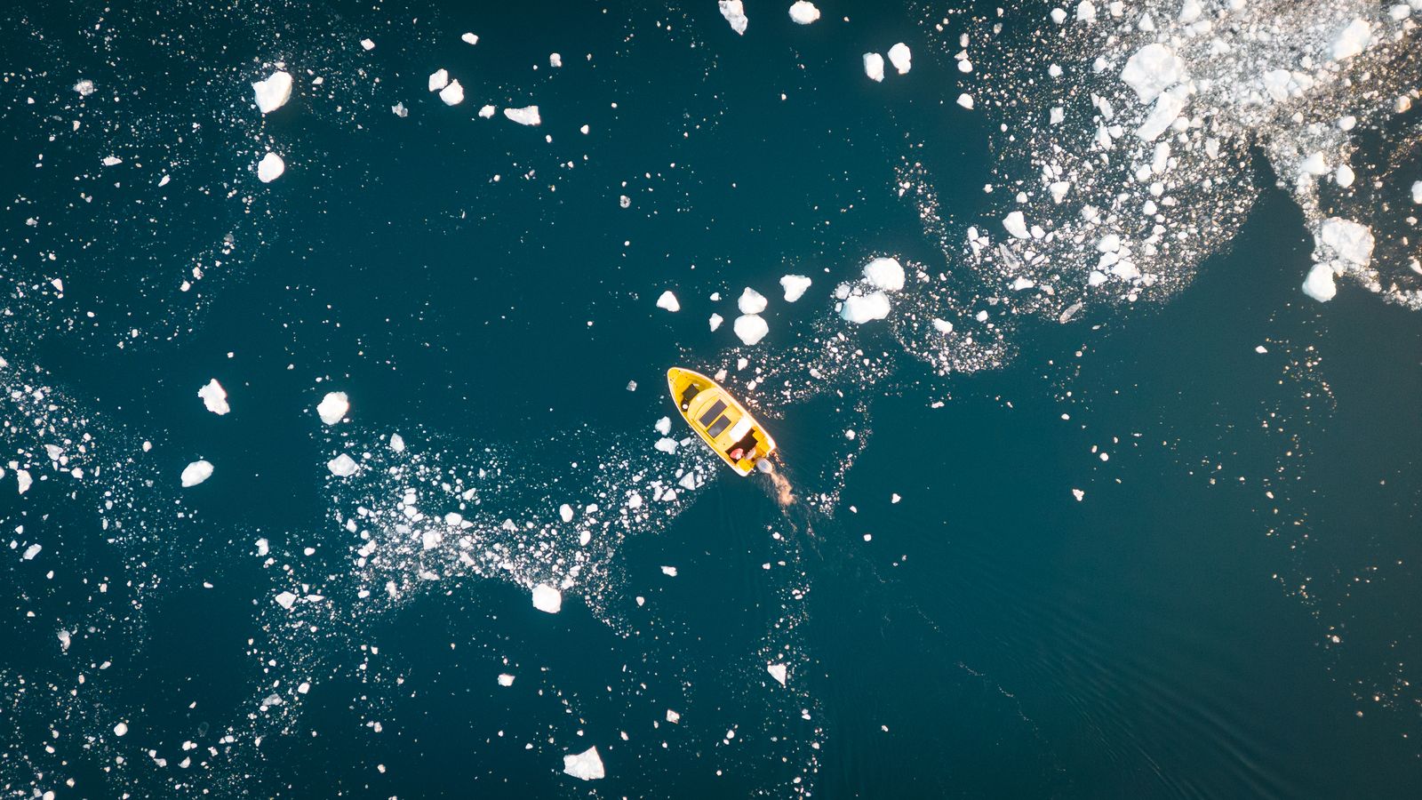Boat navigating between icebergs at dawn