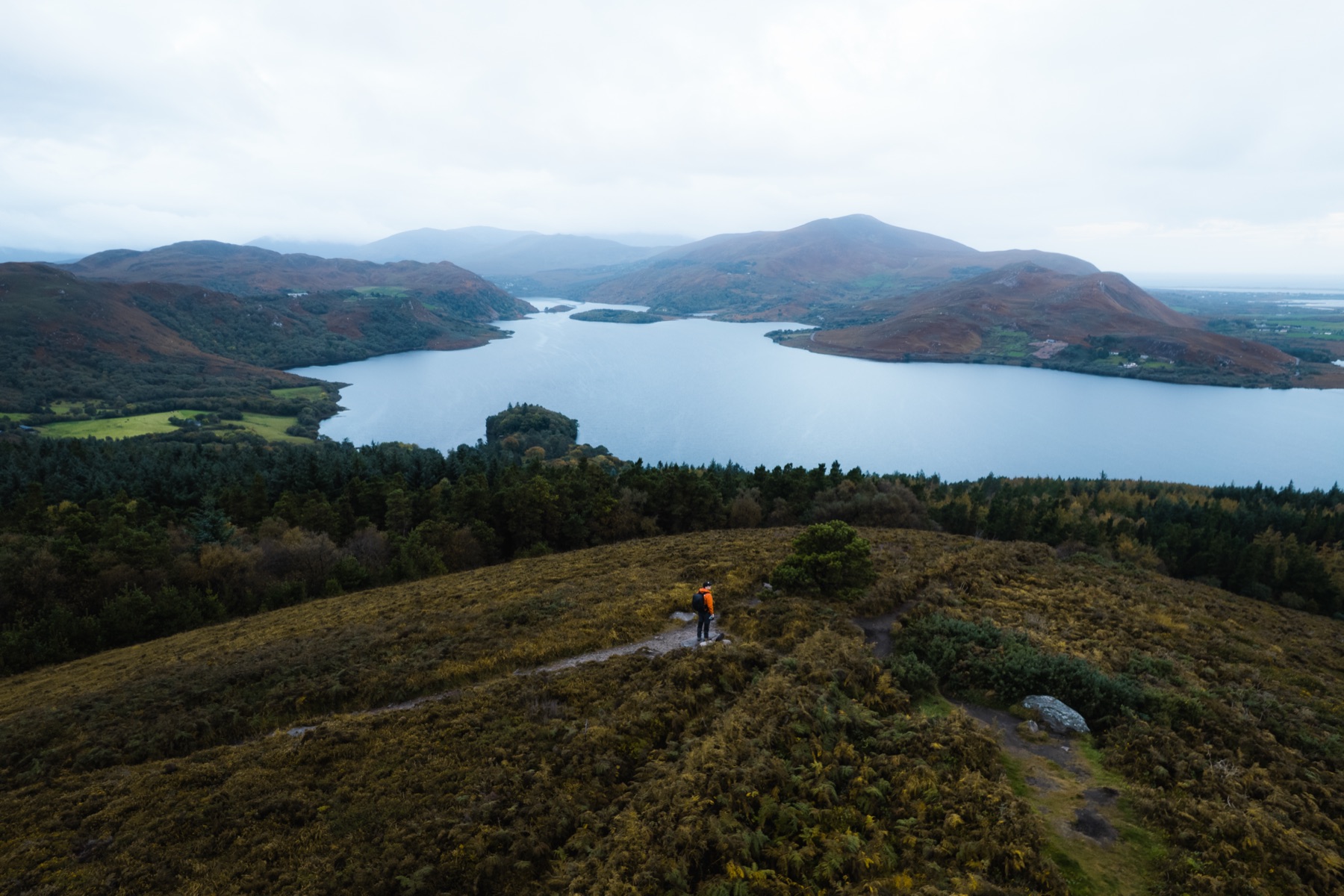 Still morning water on Caragh Lake with the Reeks behind, County Kerry
