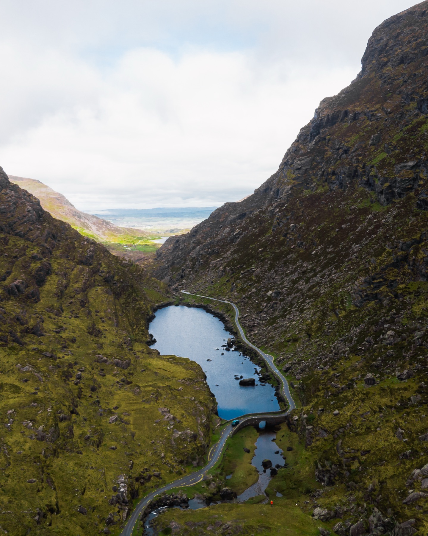 The winding road through the Gap of Dunloe between steep mountain sides, County Kerry