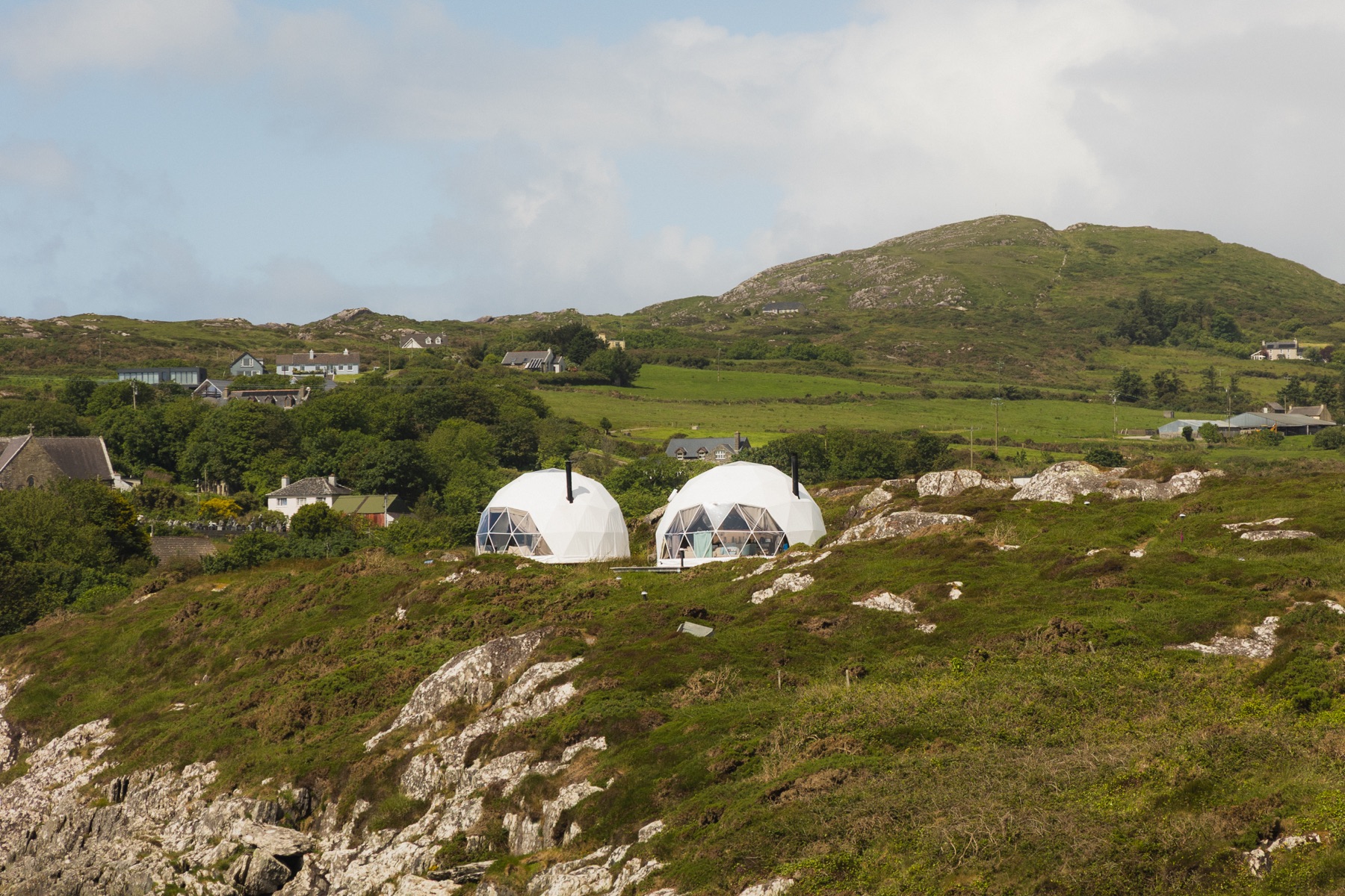 Geodesic domes and eco cabins at Goleen Harbour near the tip of the Mizen Peninsula