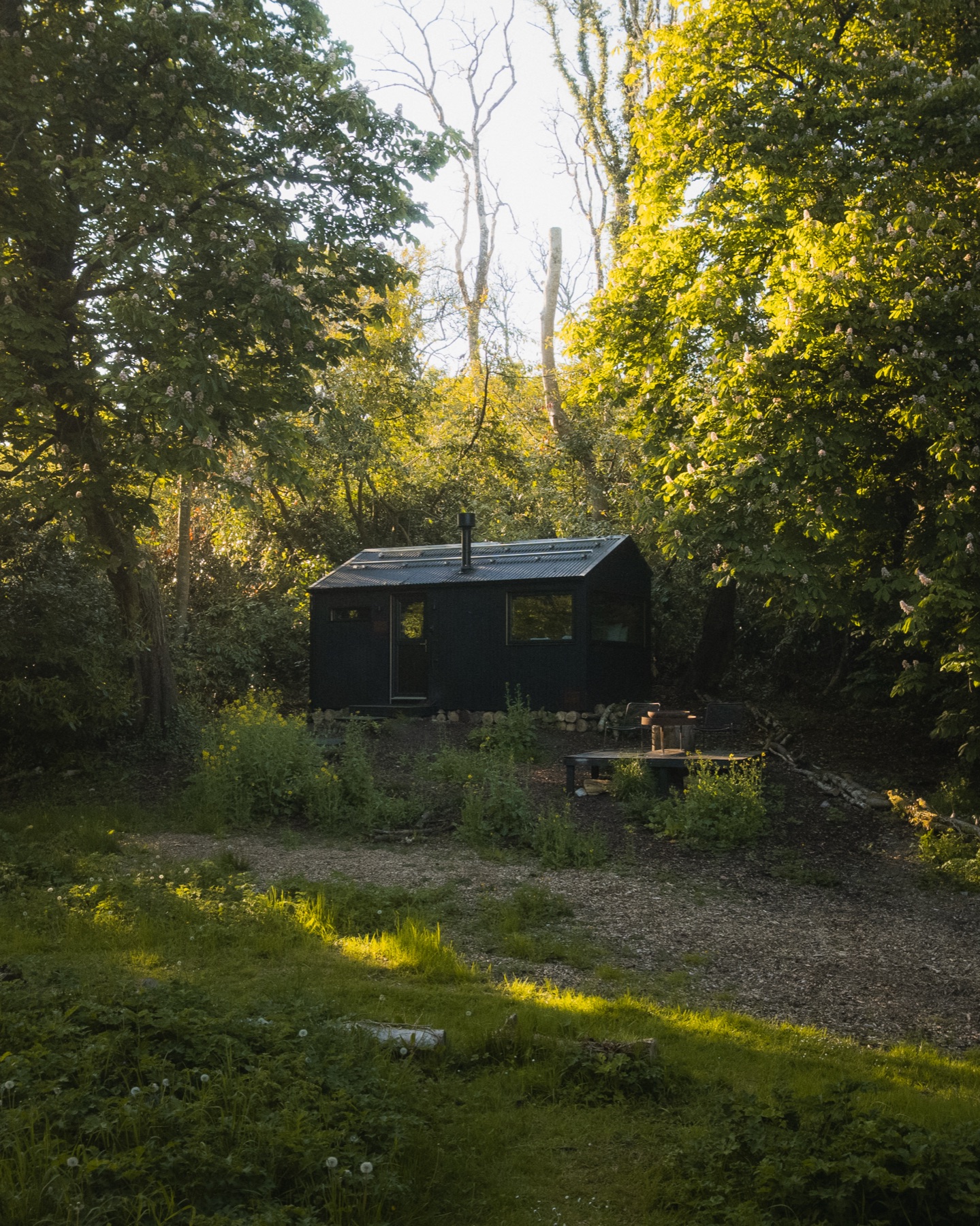 The off grid Samsu cabin lit from within, surrounded by woodland in County Westmeath